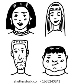 Diverse faces of people set. Human Avatars Collection. Happy emotions. Portrait with a positive facial expression. Men and women, fat boy and girls. Hand drawn doodle sketch.