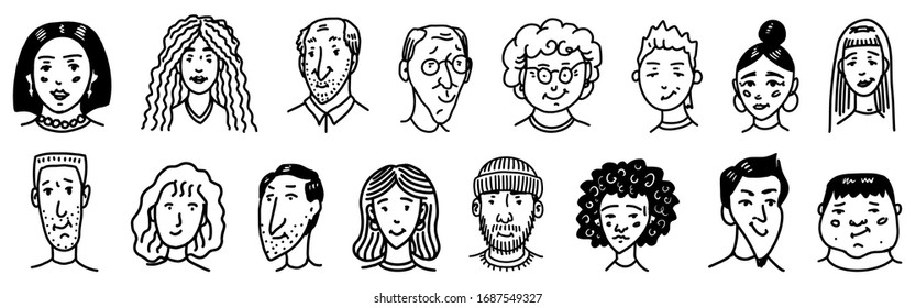 Diverse faces of people set. Human Avatars Collection. Old and young age. Happy emotions. Portrait with a positive facial expression. Men and women, grandparents and girls. Hand drawn doodle sketch.