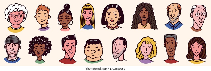 Diverse faces of people set. Human Avatars Collection. Old and young age. Happy emotions. Portrait with a positive facial expression. Men and women, grandparents and girls. Hand drawn doodle sketch.