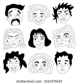 Diverse faces of people set. Human Avatars Collection.  Happy and angry emotions. Portrait with a positive facial expression. Men and women. Hand drawn doodle sketch.
