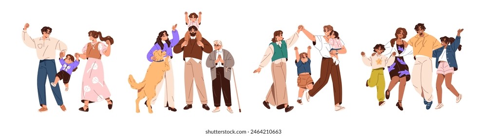 Diverse families celebrate win, event set. Happy people have fun together. Positive parents, couple with funny kids rejoice to success, embrace. Flat isolated vector illustrations on white background