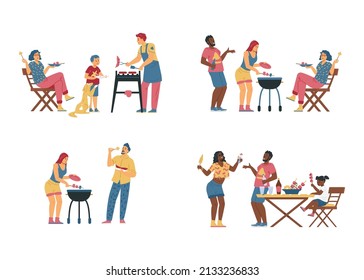 Diverse families have barbecue party, flat vector illustration. Black and white people with kids make and eat grill food outside. BBQ party character set.