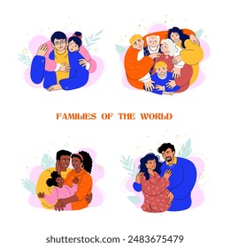 Diverse families hugs. Asian, Caucasian, African and Latin American. Parents with children, couples