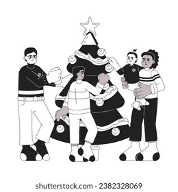 Diverse family christmas tree decorating black and white cartoon flat illustration. Interracial family holiday linear 2D characters isolated. Hanging baubles xmas monochromatic scene vector image