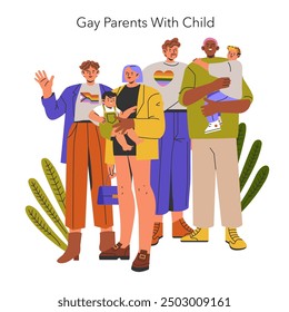 Diverse family concept. Two gay couples co-parenting with their children, promoting inclusive family dynamics. Vector illustration.