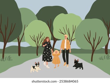 Diversa familia disfrutando de un día en un parque exuberante ilustración. Una joven vestida toma de la mano a una niña, mientras un hombre se para cerca con dos perros juguetones. Árboles estilizados y un paisaje sereno