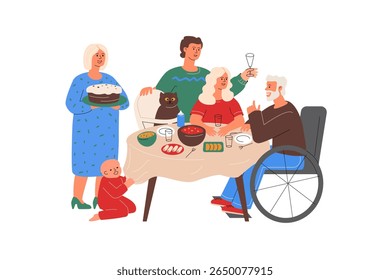 Uma família diversificada desfruta de um banquete festivo juntos. Um jovem casal, uma criança, um gato, um homem de cabelos grisalhos em uma cadeira de rodas, uma mulher idosa.
