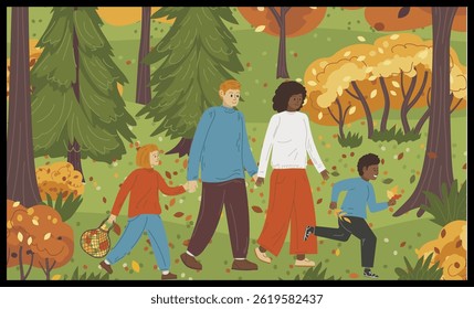 Diverse family of five enjoying a walk in a colorful autumnal park with falling leaves and evergreen trees in the background.