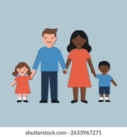 A diverse family of four, parents and two children, holding hands and smiling, representing family unity and love.
