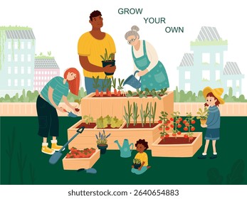 A diverse family gardens together on a rooftop, growing their own food. Urban farming, sustainability, and community in a flat cartoon illustration with tomatoes, herbs, and seedlings.