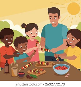 A diverse family is shown preparing skewers with vegetables and meat at a barbecue, enjoying a sunny day.