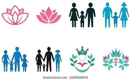 Diverse family and spiritual lotus and crown symbols