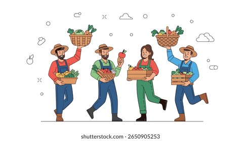 Diversos agricultores celebram a abundante colheita compartilhando produtos frescos juntos