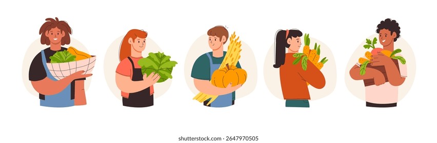 Diverse farmers harvesting organic vegetables. Multicultural gardeners collecting harvest on eco farms. Healthy food, diversity, and rural life. Flat vector illustration.