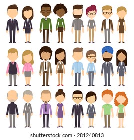 Diverse featureless people isolated on white background. Different nationalities and dress styles. Cute and simple flat cartoon style.