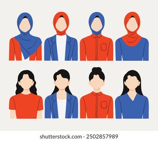 Diverse Female Avatar Set. Vector illustration of female characters with various styles and outfits, including traditional and modern attire. Perfect for user profiles, social media, and web design.