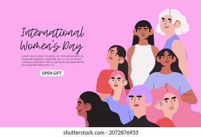 Diverse Female Character Faces Or Portraits Of Different Ethnicity Or Age Stand Together. Woman Empowerment Movement Poster, Greeting Card Or Web Banner. International Womens Day Celebration. 