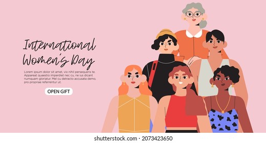 Diverse female character faces or portraits of different ethnicity or age stand together. Woman empowerment movement poster, greeting card or web banner. International womens day celebration. 