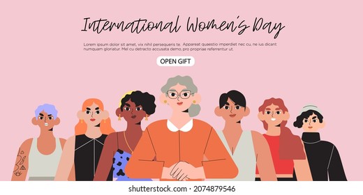 Diverse female character faces or portraits of different ethnicity or age stand together. Woman empowerment movement poster, greeting card or web banner. International womens day celebration. 