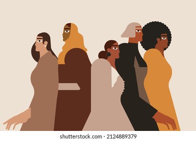 Los diferentes personajes femeninos, rostros o retratos de diferentes etnias o edades, se unen. Afiche del movimiento de empoderamiento de la mujer, tarjeta de saludo o banner en la web. Celebración del Día Internacional de la Mujer.
