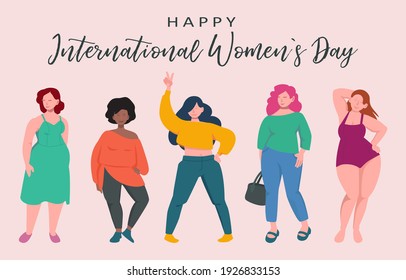 Diverse female characters. International womens day background, young girls feminist vector concept