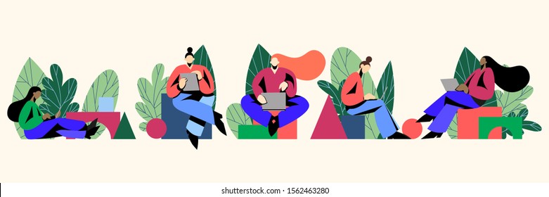 Diverse female characters working on laptops on a plant background. Freelancers, remote workers or businesswomen. Trendy flat characters for concept design. Female character business set.
