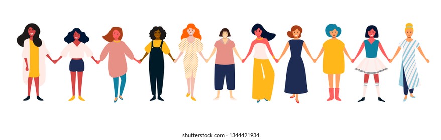 Diverse female group. African, mexican, indian, european women team. Girls power. Group of young happy smiling friends, standing together, symbol of feminists. Cartoon characters isolated, vector