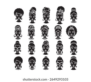Diverse Female Hairstyle and Head wrap Icons Black Silhouette Vector Collection
