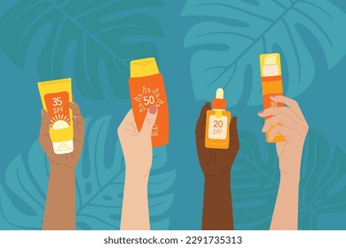 Diversas manos femeninas sostienen productos de protección solar. Protección SPF y concepto de seguridad solar. Juego de botellas de protección solar, crema, loción con hojas de monstera. Ilustración vectorial dibujada a mano sobre fondo turquesa