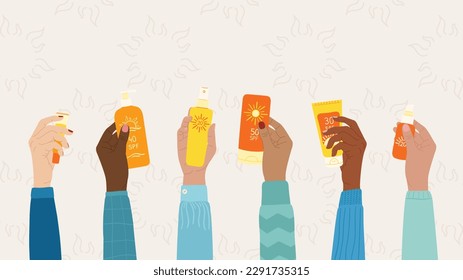 Diverse female hands hold sunscreen products. SPF protection and sun safety concept. Set of sunscreen bottle, cream, lotion, spray. Hand drawn vector illustration on sun beige background.