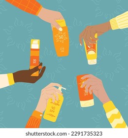 Diversas manos femeninas sostienen productos de protección solar. Protección SPF y concepto de seguridad solar. Juego de botellas de protección solar, crema, loción. Ilustración vectorial dibujada a mano sobre fondo cuadrado de color turquesa solar