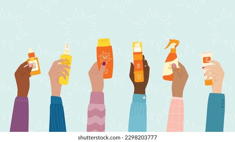 Diverse female hands hold sunscreen products. SPF protection and sun safety concept. Set of sunscreen bottle, cream, lotion, spray. Hand drawn vector illustration on sun blue background.