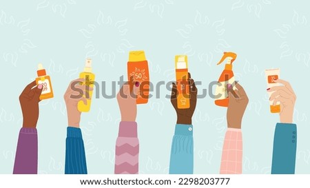 Diverse female hands hold sunscreen products. SPF protection and sun safety concept. Set of sunscreen bottle, cream, lotion, spray. Hand drawn vector illustration on sun blue background.