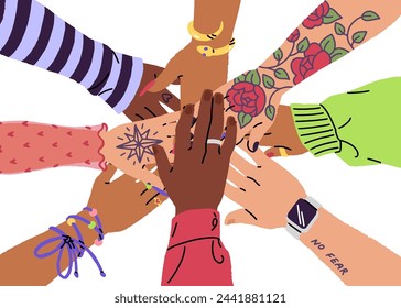 Diverse female hands join. Women team trusts, supports feminism community. Teamwork concept. People put arms together surround. Girls work in cooperation. Flat isolated vector illustration on white