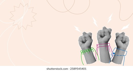 Diverse female hands raised for International Women's day. Feminism, empowerment and gender equality concept. Accelerate action IWD 2025 campaign. Halftone effect, Vector illustration