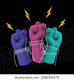 Diverse female hands raised for International Women's day. Feminism, empowerment and gender equality concept. Accelerate action IWD 2025 campaign. Halftone effect, Vector illustration