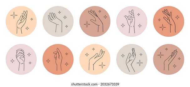 Diverse female hands in various poses. Wrist linear sketch, hand icons in circles. Vector illustration isolated on white.