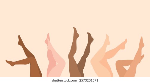 Diverse female legs. Smooth girl leg skin and perfect diversified color woman legs, diverse beauty epilation procedures and wellness concept. Vector cartoon illustration.