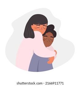 Diverse female and male characters hugging. The girl hugged his boyfriend. Portrait of a couple in love. The woman hugs her husband. Two lovers in an embrace. Romantic relationship, support concept.