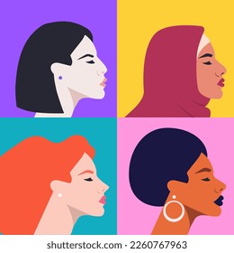 Diverse female portraits of different nationalities and cultures isolated from the background.
