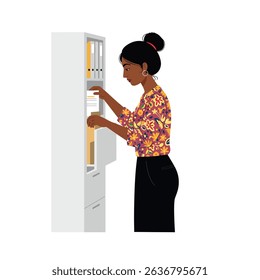 Diverse Female Professional Organizing Files Cabinet White Background Office Efficiency