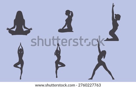 Diverse Female Silhouettes Practicing Yoga Poses on Light Blue Background