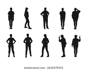 Diverse female silhouettes in various poses, highlighting professional roles. Sketch drawing vector silhouette set of a female cop in different poses. Silhouettes isolated on a white background.
