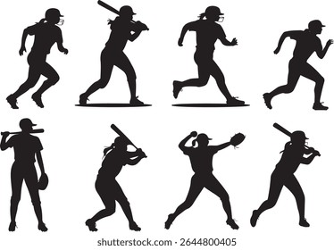 diverse female softball player action silhouettes