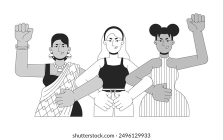 Diverse feminists protest black and white flat line illustration. Feminism women multicultural 2D lineart characters isolated. Girl power. Females manifestation monochrome vector outline image