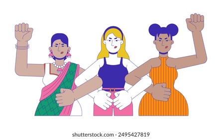 Diverse feminists protest cartoon flat illustration. Feminism women multicultural 2D characters isolated on white background. Girl power. Females demonstration manifestation scene vector color image