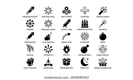 Diverse fireworks icons set featuring firework rocket, bursting shell, multi-burst, fountain, roman candle, spinner, firework finale, launch tube, firework battery, sparkler, firecracker, fuse ignition, smoke trail, starburst, peony, willow, crossette, report, firework shell, aerial display, safety gloves, launchpad, fireworks box, night sky, and grand celebration.