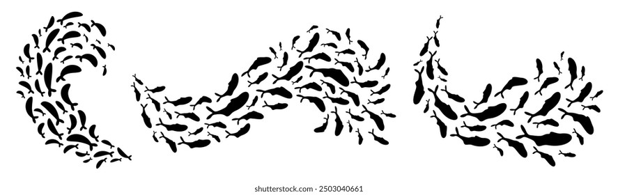 Diverse fish school formations create mesmerizing patterns in the water. These marine creature wave shapes, seen underwater, swirl elegantly. Ideal for border ornament graphic or logo design.