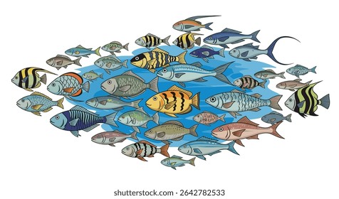 Escola de Peixes Diversos Nadando Juntos no Oceano Submarino Marinha Ecossistema Aquático Vida