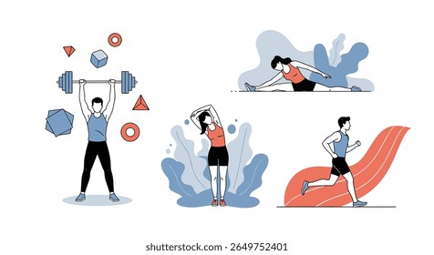 Diversas atividades de fitness, incluindo corrida de levantamento de peso e alongamento, promovendo estilos de vida saudáveis e bem-estar físico
